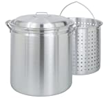 Bayou Classic 4060 60-qt Aluminum Stockpot w/ Basket Features Domed Vented Lid Heavy Riveted Handles Perforated Aluminum Basket Perfect For Boiling Steaming and Canning