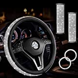 Jaronx Bling Steering Wheel Cover Set, Crystal Diamond Bling Steering Wheel Cover for Women, Universal 15Inch Bling Leather Steering Wheel Protector, 2PCS Bling Seat Belt Covers,2PCS Bling Ring Emblem