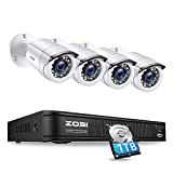 ZOSI H.265+1080p Home Security Camera System,5MP-Lite 8 Channel CCTV DVR Recorder with Hard Drive 1TB and 4 x 1080p Weatherproof Bullet Camera Outdoor Indoor with 80ft Night Vision, Motion Alerts
