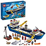 LEGO City Ocean Exploration Ship 60266, Toy Exploration Vessel, Mini Helicopter, Submarine, Shipwreck with Treasure, Lifeboat, Stingray, Shark, Plus 8 Minifigures (745 Pieces)