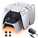 NexiGo PS5 Controller Charger with Thumb Grip Kit, Fast Charging AC Adapter, Dualsense Charging Station Dock for Dual Playstation 5 Controllers with LED Indicator, White