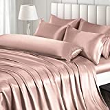 Ersmak 7 Pieces Satin Sheets Set Queen Size, Luxury Silky Champagne Satin Bed Sheets Set with 1 Deep Pocket Fitted Sheet, 1 Soft Flat Sheet, 4 Queen Pillowcases and 1 Body Pillowcase