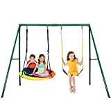 Trekassy 440lbs 2 Seat Swing Set, 1 Saucer Swing Seat and 1 Belt Swing Seat with Heavy Duty A-Frame Metal Swing Stand