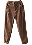 Minibee Women's Cropped Corduroy Pants Elastic Waist Retro Trouser with Pockets Brown