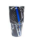 Txdeals4u 30 oz Stainless Steel Vacuum Insulated Tumbler with Lid - Double Wall Travel Mug Water Coffee Cup for Ice Drink & Hot Beverage, Skull w/Keychain (Thin Blue Line)