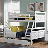 Merax Solid Wood Bunk Bed with Ladder and Safety Guardrails for Kids, No Box Spring Needed, Twin Over Full with Drawers, White