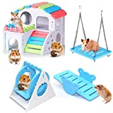 4Pcs Hamster Toys Set, Wooden Hamster House, Swing & Seesaw, DIY Hamster Hideout Pet Sport Exercise Toy, Syrian Hamster Cage Accessories for Small Animals (Blue)