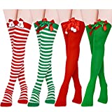 4 Pairs Christmas Thigh High Socks Striped over Knee Stockings Red and White Stripes with Santa Claus Bow Socks Halloween Cosplay Socks for Women