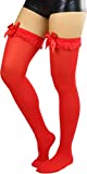 ToBeInStyle Womens Ruffled Lace Top Thigh High Stocking Elegant Center Satin Bow - Red W/ Red Bow