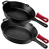 Cast Iron Skillets - Pre-Seasoned 2-Piece Pan Set: 10" + 12"-Inch + 2 Heat-Resistant Silicone Handle Covers - Dual Handle Helpers - Oven Safe Cookware - Indoor/Outdoor, Grill, Stovetop, Induction Safe