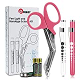 Opoway Nurse Penlight with Pupil Gauge LED Penlight Medical for Doctor Nurse Diagnostic with Free Batteries and 7 ½" Pink Bandage Scissors