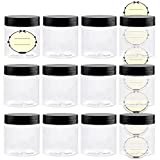 TUZAZO 4 Oz Containers with Lids and Labels Clear Plastic Slime Jar, Empty Refillable Round 4oz Plastic Jars with Lids for Cosmetics, Lotions, Body Butters, Bath Salt & Beauty Products (12 Pack)