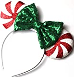 CLGIFT Red peppermint Minnie ears, Peppermint Mickey ears, Christmas Minnie ears, Silver gold blue minnie ears, Rainbow Sparkle Mouse Ears,Classic Red Sequin Minnie Ears (Christmas Candy Cane)