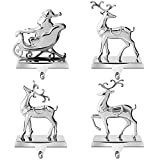 MCEAST Set of 4 Christmas Stocking Holders Santa and Reindeer Mantle Stocking Hangers Metal Christmas Hanging Hooks Safety Hanger Grips for Fireplace Decoration, Silver