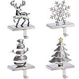 BIRDROCK HOME Set of 4 Christmas Stocking Holders for Mantle - Holiday Decorations - Tree, Snowman, Reindeer and Snowflake - Mantel Fireplace Stand - Metal Hanger for Stockings