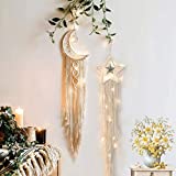 Moon Star Dream Catcher Decor,2pcs Boho Home Moon Star Dreamcatcher, Macrame Cotton Woven Wall Hanging Boho Decor For Home Wedding Kids Baby Bedroom Craft Gift Decoration And Led Light String