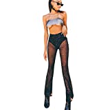 Women Rave Sheer Mesh Shiny Pants Flared High Waist Bell Bottom Pants for Party Dance Festival Black