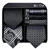 Hi-Tie Mens Ties Set Black Silk Ties in Gift Box 3 Pcs with Pocket Square and Cufflinks Set
