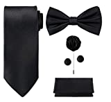 TIE G 5pcs Tie Set in Gift Box : Solid Color Necktie, Satin Bow Tie, Pocket Square, Lapel, Cuff Links (Black)
