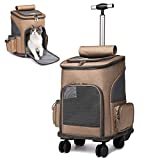 Wheeled Pet Carrier Backpack Pet Stroller, Travel Carrier, Car Seat for Small Dogs Cats Puppies, Comfort Cat Backpack Removable Rolling Wheels – Mesh Ventilation Windows, Storage Pockets (Brown)