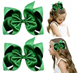 DEEKA 2 PCS 6" Big Hand-made Shiny Glitter Ribbon Hair Bows Alligator Clips Hair Accessories for Little Teen Toddler Girls Kids Set of 2 -Green