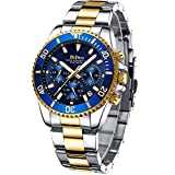 Mens Watches Chronograph Gold Blue Stainless Steel Waterproof Date Analog Quartz Watch Business Casual Fashion Wrist Watches for Men