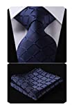 HISDERN Plaid Blue Tie Handkerchief Woven Classic Men's Necktie & Pocket Square Set,Navy Blue,One Size