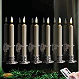 6PACK Flameless Battery Powered Ivory Taper Windows Candles with Remote and Timer & Candlestick, with Clips, Suction Cup,and Removable Silver Candleholders, Remote Included, Patented