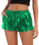 Tandisk Women's Yoga Hot Shorts Shiny Metallic Pants with Elastic Drawstring Green S