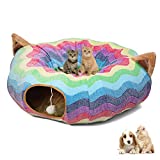 LUCKITTY Rainbow Wave Cat Dog Tunnel Bed with Washable Cushion-Big Tube Playground Toys Plush 3 FT Diameter Longer Crinkle Collapsible 3 Way, for Kitty Kitten Puppy Rabbit Ferret