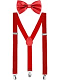 Suspender Bow Tie Set Clip On Y Shape Adjustable Braces, 80s Costume Suspenders Shoulder Straps for Halloween Cosplay Party (Red)