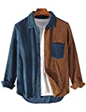 Uaneo Mens Corduroy Patchwork Long Sleeve Casual Button Down Shirt Shacket (Blue-L)