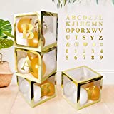 4 pcs Gold Transparent Balloons Boxes with 30 Letters 10 Numbers 5 Symbols, UNIIDECO Neutral Gender Reveal Oh Baby Shower Decorations ABC Blocks Sign, Bridal Wedding Shower Birthday Party Supplies