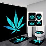 Jayden&Madge 4PCS/SET Weed Leaf Shower Curtain, Hippie Trippy Cannabis Marijuana Leaf Bathroom Decor, Waterproof Polyester Fabric Black Bath Curtain, Non-slip Bathroom Mat Toilet Carpet Bath Rug, Blue