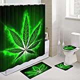 JAWO Cannabis Leaf Shower Curtain Sets with Bath Rug Mat, Contour Mat and Toilet Lid Cover, Green Marijuana Leaf Weed, Shower Curtain Set and Rug Set with 12Hooks, 69x70Inches