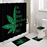Black and White Hippie Trippy Cannabis Leaves Shower Curtain Set with Bathroom Toilet Pad Cover Bath Mat, Marijuana Weed Leaf with Quotes I am Blunt Because God Rolled Me in Black Shower Mats Bath Rug