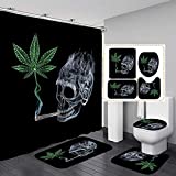 Fashion_Man 4PCS/Set Funny Skull Smoking Weed Black Fabric Shower Curtain, Cool White Smoke Skeleton Marijuana Cannabis Weed Leaf Bathroom Decor, Non-Slip Bathroom Mat Toilet Rug Bath Carpet, Smoking