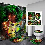 OLEBETY 4PCS African American Woman Shower Curtain Set Waterproof Cloth Polyester Bath Curtain, Bathroom Carpet Bath Mat Toilet Rug Exotic Afro Girl Bathroom Decor, 72"x72", Girl Smoking Cigar Style 2