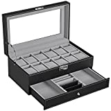 SONGMICS 12-Slot Watch Box, Watch Organizer, Lockable Jewelry Display Case with Real Glass Top, Black Synthetic Leather, Gray Lining UJWB012