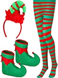 3 Pieces Christmas Elf Costume Accessories Set Include Christmas Elf Hairband Hair Hoop Christmas Striped Tights Stockings Adult Elf Shoes Fabric for Christmas Cosplay Party Supplies