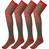 2 Pairs Halloween Women's Over Knee Long Opaque Striped Thigh High Socks (Red and Green)