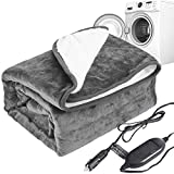 Machine Washable Car Electric Blanket Flannel Sherpa 12 Volt Heated Travel Blanket Plug in Heating Throw for Car Truck SUV Van 40x55” with Controller 3 Heating Level Gray