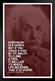 Albert Einstein Everybody is A Genius Maroon Famous Motivational Inspirational Quote Black Wood Framed Poster 14x20