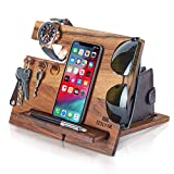 TESLYAR Natural Walnut Wood Phone Docking Station Hooks Key Holder Wallet Stand Watch Organizer Men Husband Anniversary Birthday Nightstand Purse Father Graduation Male Idea Gadgets Solid