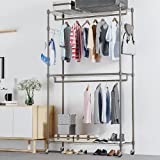 BATHWA 3-Tier Garment Rack Heavy Duty Wire Shelving Rolling Wardrobe Clothes Rack Hanging Closet Organizers and Storage with Lockable Wheels (2 Hanging Rods and 2 Side Hooks, Gray)