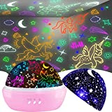 Unicorn Gifts for 3-9 Year Old Girls,Night Lights for Kids Room Decor,16 Colors Projector Lamp with Rotation,Kawaii Stuff(Pink-Unicorn&Stars)