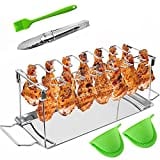 ENINFUT Chicken Leg Wing Grill Rack, 14 Slots BBQ Chicken Drumsticks Stainless Steel Roaster Stand for Smoker or Oven, with Silicone Mitts, Brush, Clip and Drip Pan, Collapsible Dishwasher Safe