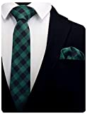 GUSLESON Black Green Plaid Ties For Men Skinny Cotton Cashmere Neckties and Pocket Square sets (0792-03)