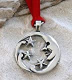 Trilogy Jewelry Pewter Moon Face and Stars Lunar Celestial Pagan Christmas Ornament and Holiday Decoration