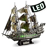 CubicFun 3D Puzzles for Adults Christmas Green LED Flying Dutchman Pirate Ship Model Kits Gifts, Lighting Building Ghost Ship 3D Puzzles, Holiday Decor Birthday Gifts for Women Men, 360 Pieces